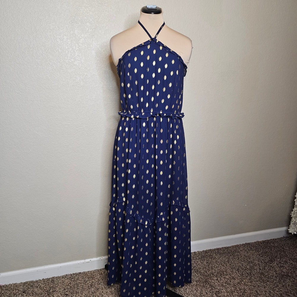 Navy Blue Gold‎ Metallic Polka Dot Halter Maxi Dress Tiered Smocked Large